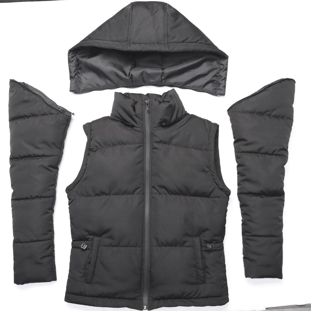 Black puffer vest with hood on a white background
