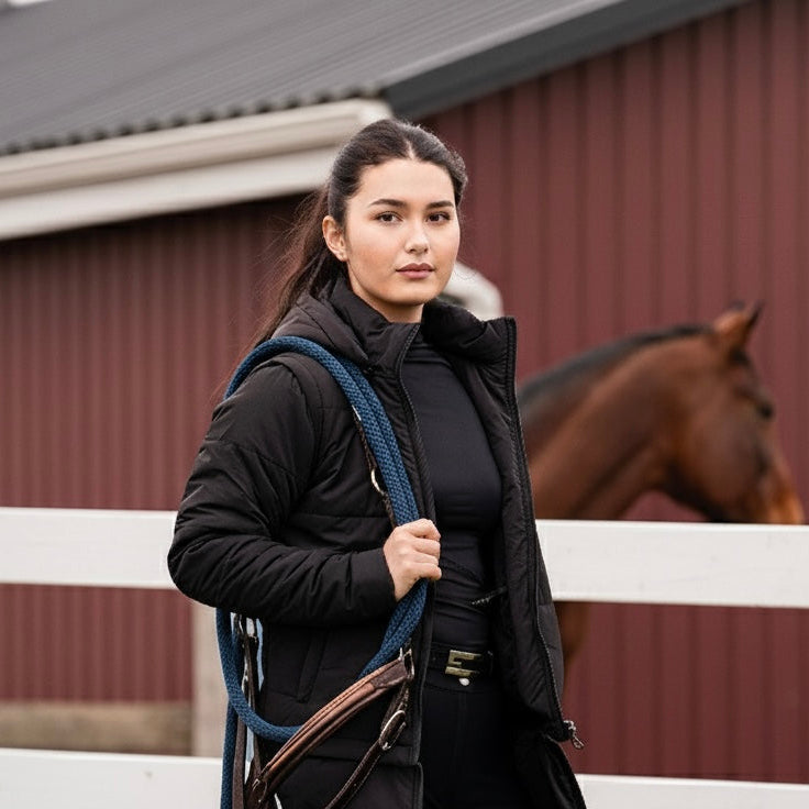 Woman holding a horse bridle in front of a barn