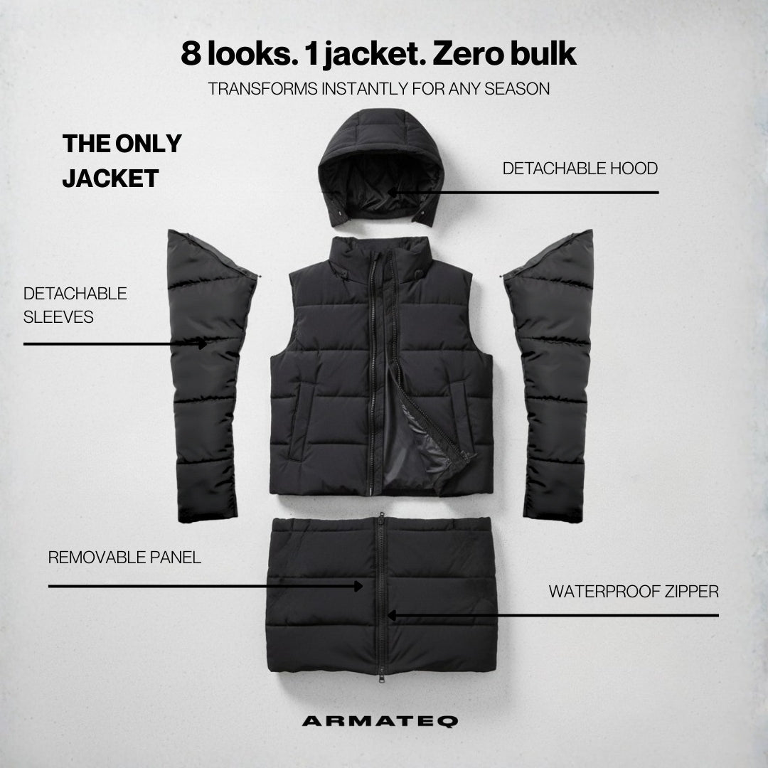 Black jacket with detachable hood, sleeves, and panel on a gray background with Armateq branding.