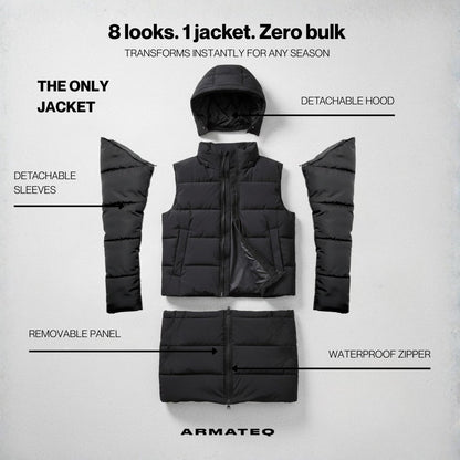 Black jacket with detachable hood, sleeves, and panel on a gray background with Armateq branding.
