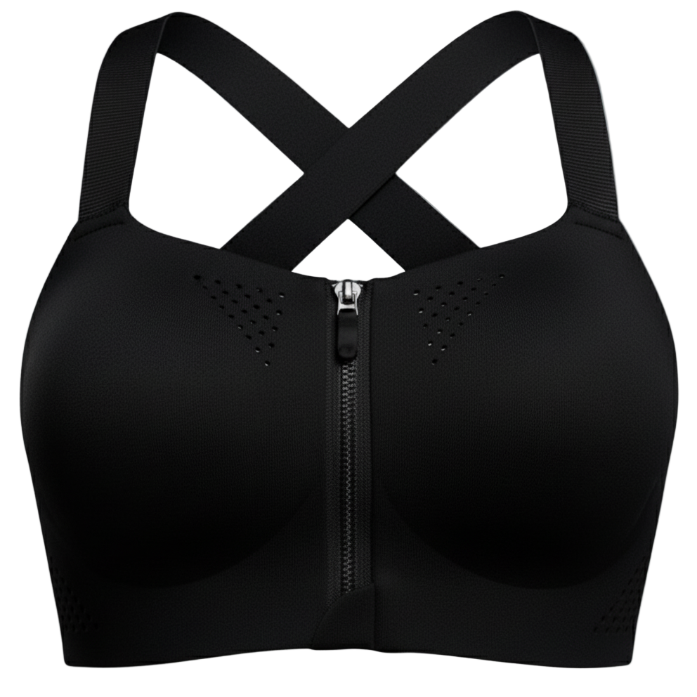 Black sports bra with zipper and criss-cross straps on a white background