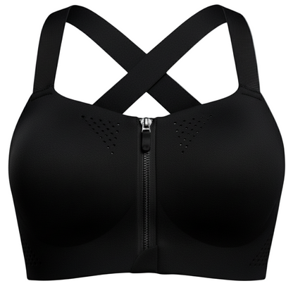 Black sports bra with zipper and criss-cross straps on a white background