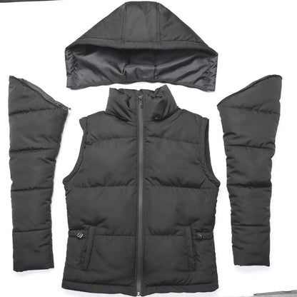 Black puffer vest with hood on a white background