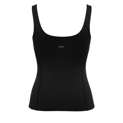 Black tank top with a brand logo on a white background